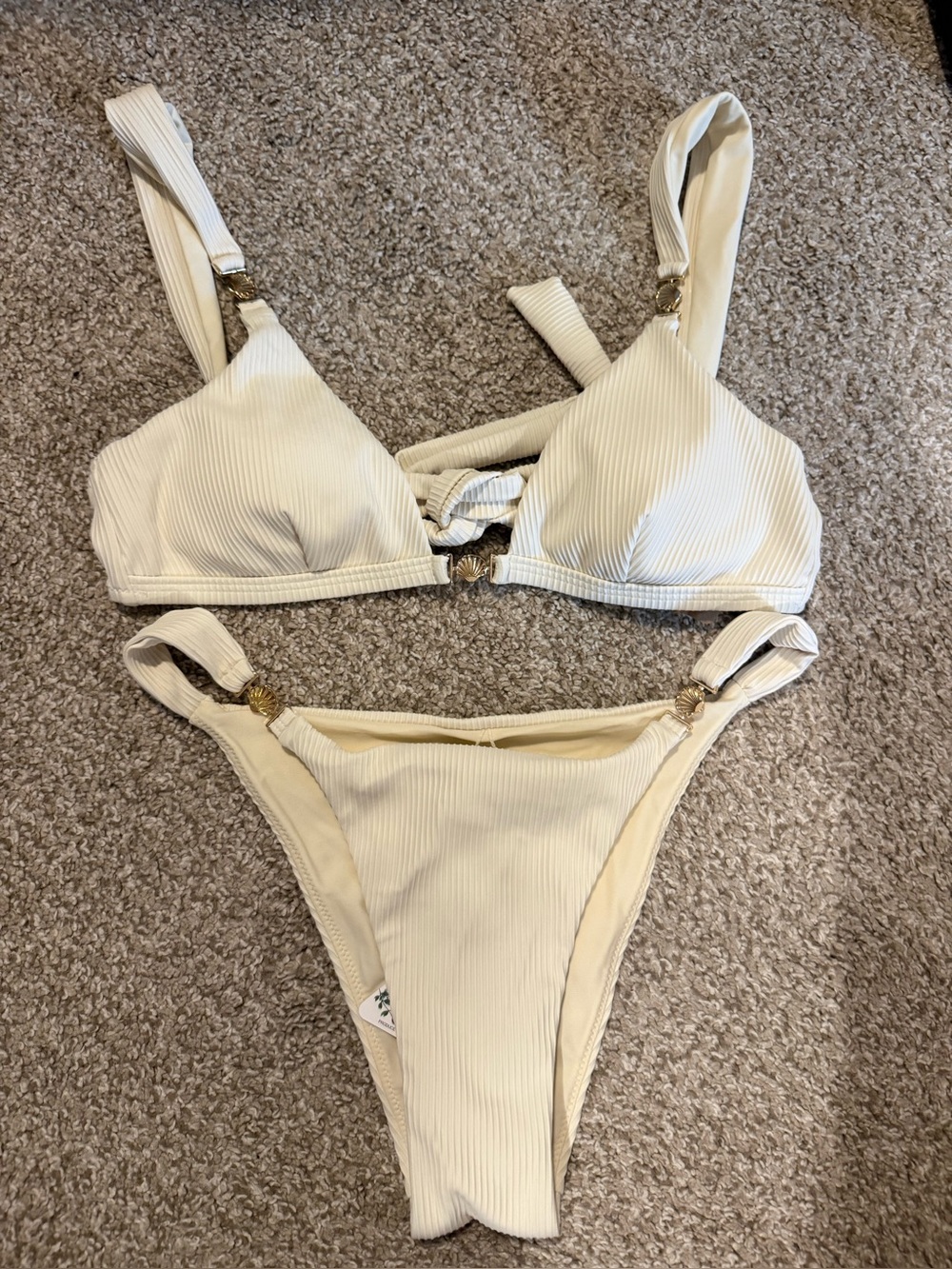 BERLOOK Cream Ribbed Two-Piece Bikini Set with Gold Accents tags attached